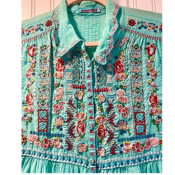 Gorgeous Johnny Was Floral Embroidered Blouse ~ Tiffany Blue ~ Boho Chic - Picture 2 of 14